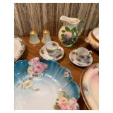 Vintage Antique Floral Porcelain Serving Platters Bowls Cups and Majolica Pitcher Lot 15 Pcs