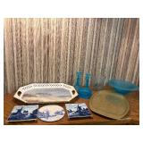 Vintage Pyrex Butterfly Gold and Woodland Bowls with Mid Century Amber Glass Serveware Lot