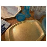 Vintage Pyrex Butterfly Gold and Woodland Bowls with Mid Century Amber Glass Serveware Lot
