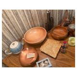 Vintage Mid Century Wood and Ceramic Serveware Salad Bowls Trays and Pottery Lot