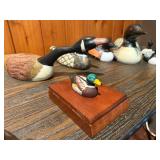 Vintage Waterfowl Decoy and Collectible Figurine Lot with Decorative Playing Card Box - 14 Pieces Total
