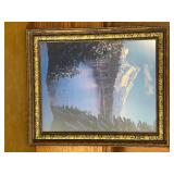 Framed Mountain Lake Winter Landscape Print Wall Art – Rustic Decorative Wood Frame