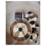 Genuine Cowhide Patchwork Round Rug, (3) Alpaca/Sheepskin Style Pillows & NIB Fleece Blanket