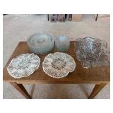 Vintage Pressed & Pattern Glass Serving Lot with Crocheted Doilies