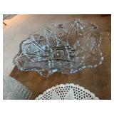 Vintage Pressed & Pattern Glass Serving Lot with Crocheted Doilies