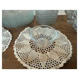 Vintage Pressed & Pattern Glass Serving Lot with Crocheted Doilies
