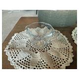 Vintage Pressed & Pattern Glass Serving Lot with Crocheted Doilies