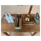 Vintage Decor & Collectibles Lot: Brass Desk Bell, Gavel, Sad Iron & Vanity Bottles