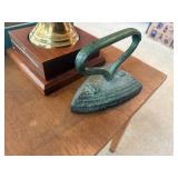 Vintage Decor & Collectibles Lot: Brass Desk Bell, Gavel, Sad Iron & Vanity Bottles