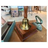 Vintage Decor & Collectibles Lot: Brass Desk Bell, Gavel, Sad Iron & Vanity Bottles