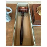 Vintage Decor & Collectibles Lot: Brass Desk Bell, Gavel, Sad Iron & Vanity Bottles