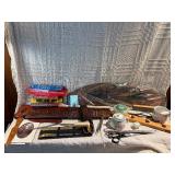 Vintage Estate Lot – Dominoes, Checkers, Grandpa’s Shop Sign, Knives, Scissors, Porcelain Sugar Bowls, Wooden Tray & More