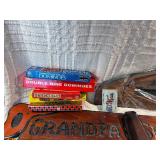 Vintage Estate Lot – Dominoes, Checkers, Grandpa’s Shop Sign, Knives, Scissors, Porcelain Sugar Bowls, Wooden Tray & More