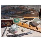 Vintage Estate Lot – Dominoes, Checkers, Grandpa’s Shop Sign, Knives, Scissors, Porcelain Sugar Bowls, Wooden Tray & More