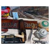 Vintage Estate Lot – Dominoes, Checkers, Grandpa’s Shop Sign, Knives, Scissors, Porcelain Sugar Bowls, Wooden Tray & More