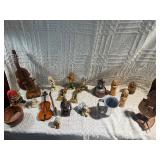 Vintage Folk Art & Decorative Collectibles Lot – Wooden Violins, Hand-Carved Figures, Pewter Mug, Hummel-Style Figurines & More