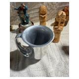 Vintage Folk Art & Decorative Collectibles Lot – Wooden Violins, Hand-Carved Figures, Pewter Mug, Hummel-Style Figurines & More