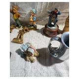 Vintage Folk Art & Decorative Collectibles Lot – Wooden Violins, Hand-Carved Figures, Pewter Mug, Hummel-Style Figurines & More