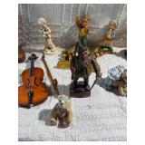 Vintage Folk Art & Decorative Collectibles Lot – Wooden Violins, Hand-Carved Figures, Pewter Mug, Hummel-Style Figurines & More