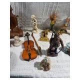 Vintage Folk Art & Decorative Collectibles Lot – Wooden Violins, Hand-Carved Figures, Pewter Mug, Hummel-Style Figurines & More