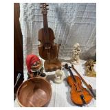 Vintage Folk Art & Decorative Collectibles Lot – Wooden Violins, Hand-Carved Figures, Pewter Mug, Hummel-Style Figurines & More