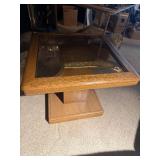 Vintage Mid-Century Style Oak End Table with Smoked Glass Insert and Brass Accents