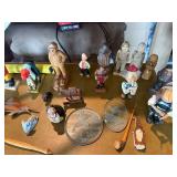 Collection of Hand-Carved Wooden Folk Art Sculptures, Nautical Figures, and Engraved Glass Plates