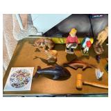 Collection of Hand-Carved Wooden Folk Art Sculptures, Nautical Figures, and Engraved Glass Plates