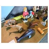 Collection of Hand-Carved Wooden Folk Art Sculptures, Nautical Figures, and Engraved Glass Plates