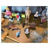 Collection of Hand-Carved Wooden Folk Art Sculptures, Nautical Figures, and Engraved Glass Plates
