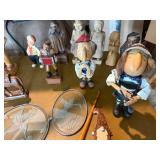 Collection of Hand-Carved Wooden Folk Art Sculptures, Nautical Figures, and Engraved Glass Plates