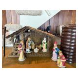 Vintage Ceramic Nativity Set with Wooden Stable & Music Box