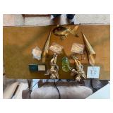 Vintage & Antique Decor Lot: Brass Wall Art, Cherub Figurines & Green Glass Oil Lamp