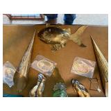 Vintage & Antique Decor Lot: Brass Wall Art, Cherub Figurines & Green Glass Oil Lamp