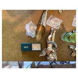 Vintage & Antique Decor Lot: Brass Wall Art, Cherub Figurines & Green Glass Oil Lamp