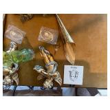 Vintage & Antique Decor Lot: Brass Wall Art, Cherub Figurines & Green Glass Oil Lamp