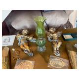 Vintage & Antique Decor Lot: Brass Wall Art, Cherub Figurines & Green Glass Oil Lamp