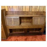 Vintage Mid-Century Wooden Queen Headboard with Faux Cane Sliding Doors