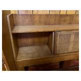 Vintage Mid-Century Wooden Queen Headboard with Faux Cane Sliding Doors