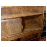 Vintage Mid-Century Wooden Queen Headboard with Faux Cane Sliding Doors