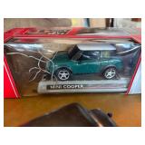 Vintage & Modern Toy Vehicle Collection: 10-Piece Lot featuring Tyco RC Mini Cooper, Tin Litho Motorcycle, and Classic Die-Cast Cars