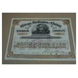 Antique Chicago, Burlington & Quincy Railroad Company Stock Certificate