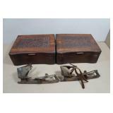 Antique Art Deco Wooden Boxes and Ice Skates