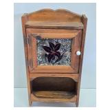 Vintage Hanging Wall Cabinet Shelf w/Floral Stained Glass
