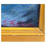 LARGE Framed Signed Antique Early Antique Nautical Scene Oil on Canvas w/Distant Ship