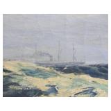 LARGE Framed Signed Antique Early Antique Nautical Scene Oil on Canvas w/Distant Ship