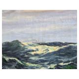LARGE Framed Signed Antique Early Antique Nautical Scene Oil on Canvas w/Distant Ship