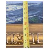 LARGE Framed Signed Antique Early Antique Nautical Scene Oil on Canvas w/Distant Ship