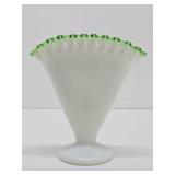 FENTON Glass Ruffled Edge White & Green Fan Vase