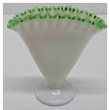 FENTON Glass Ruffled Edge White & Green Fan Vase